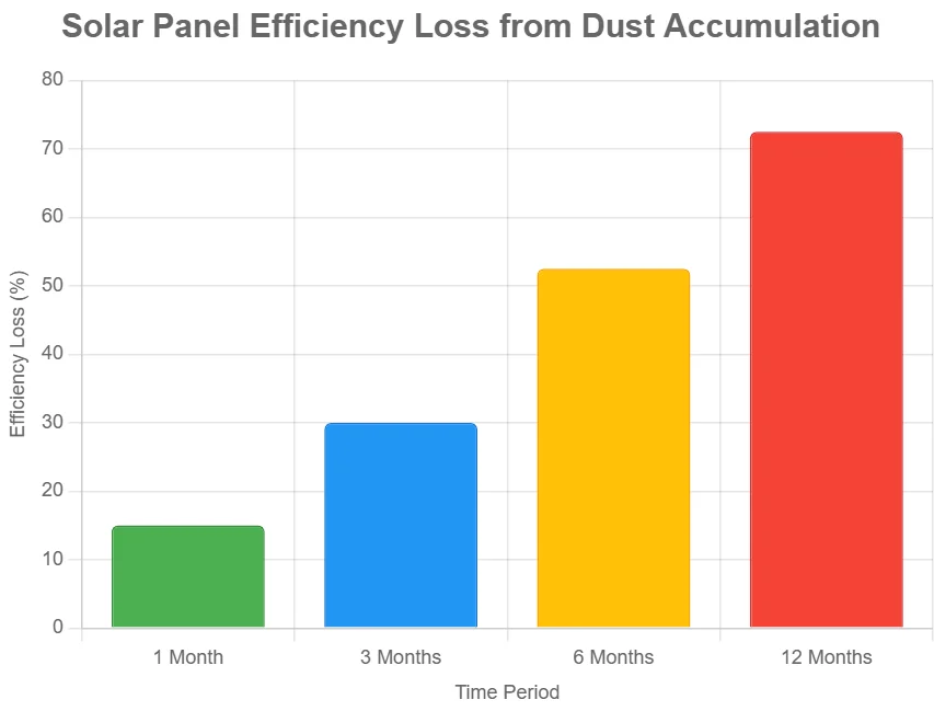 Chart showing how dust buildup reduces solar panel efficiency over time, based on controlled testing