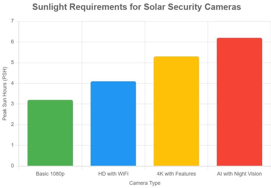 Bar chart of sunlight requirements for solar security cameras