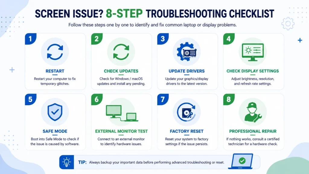 Basic Troubleshooting Steps for Any Screen Issue Screen troubleshooting checklist