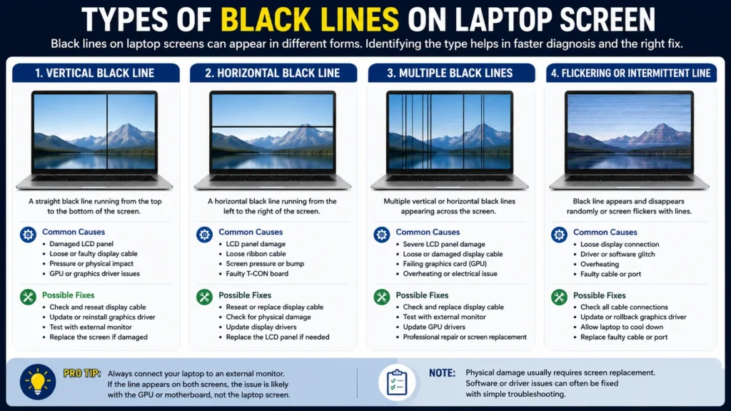 Types of black lines on a laptop screen Types of black lines on a laptop screen