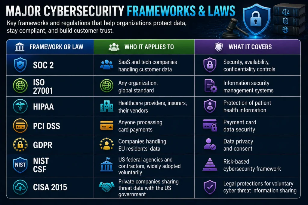 MAJOR CYBERSECURITY FRAMEWORKS AND LAW TO KNOW 