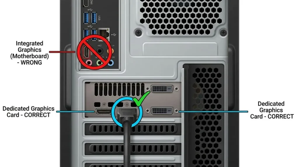 Diagram showing the back of a desktop PC highlighting the correct HDMI port on the dedicated graphics card versus the incorrect port on the motherboard.