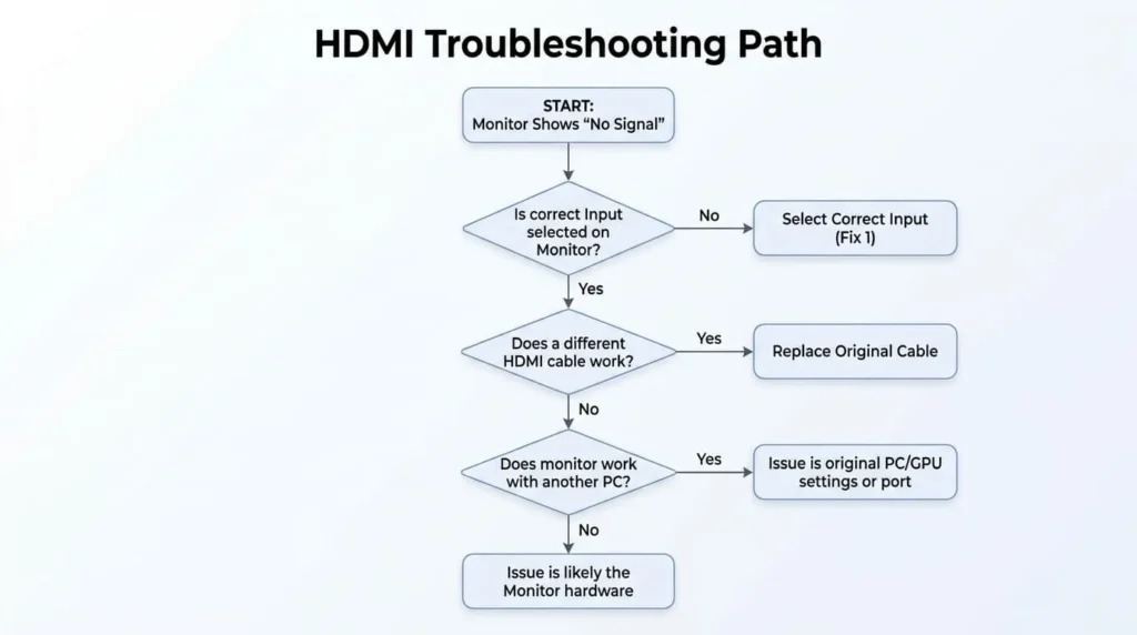  A flowchart illustrating the step-by-step process to diagnose an HDMI no signal connection issue.