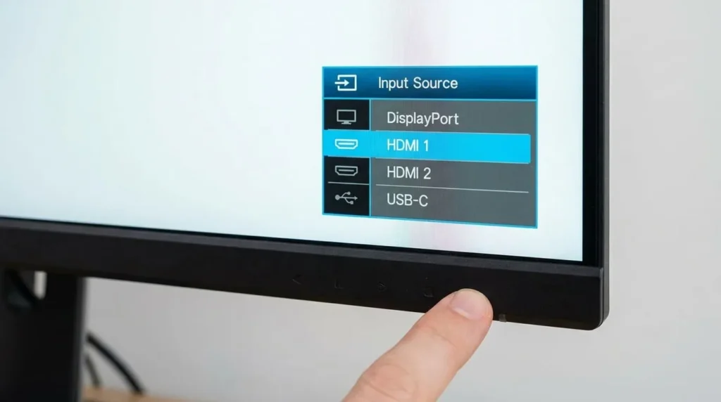 Close-up of a monitor screen displaying the input selection menu with HDMI 1 highlighted.