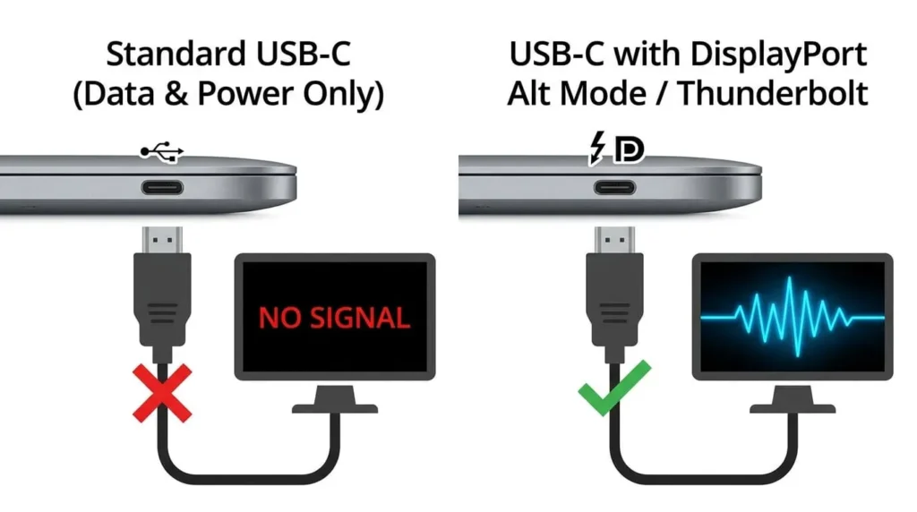 Diagram illustrating that only USB-C ports with DisplayPort Alt Mode or Thunderbolt support can output video to an HDMI adapter.
